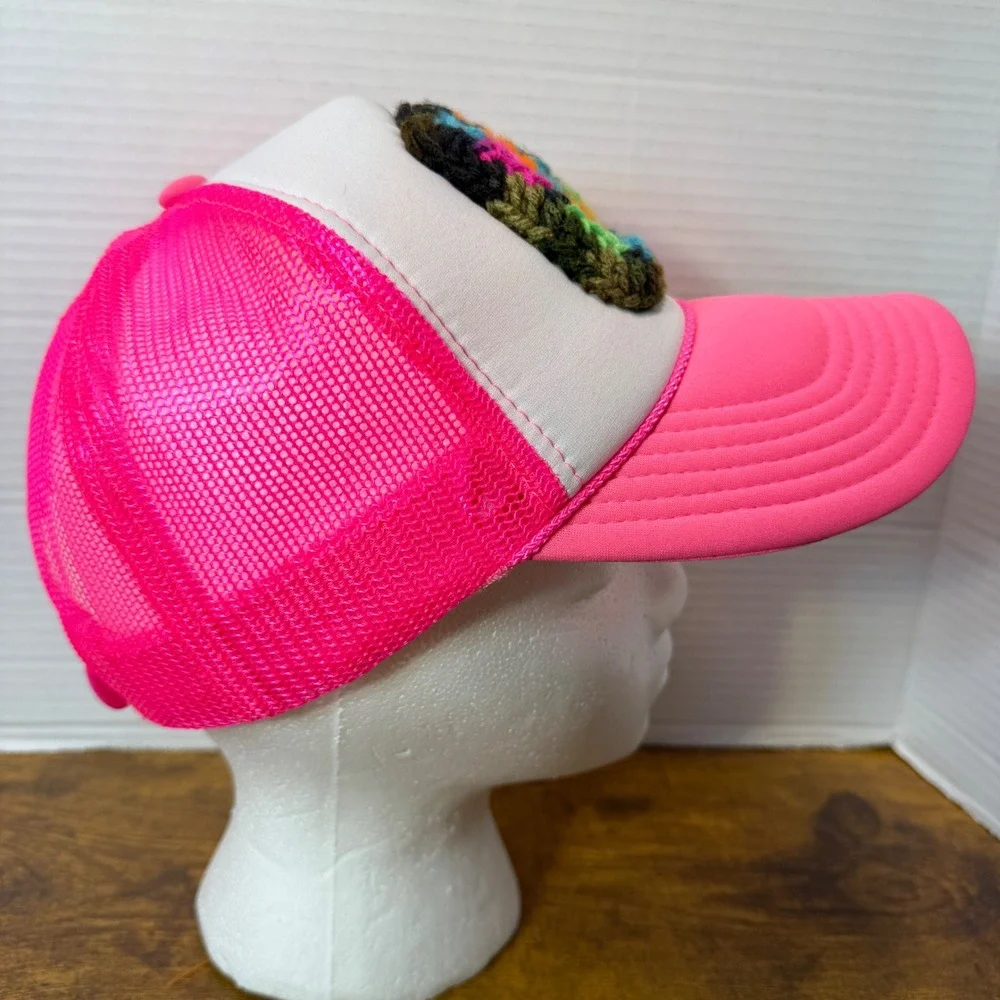 Handmade Crochet Granny Square Patch Trucker Hat Cap Neon Pink White Boho Unique